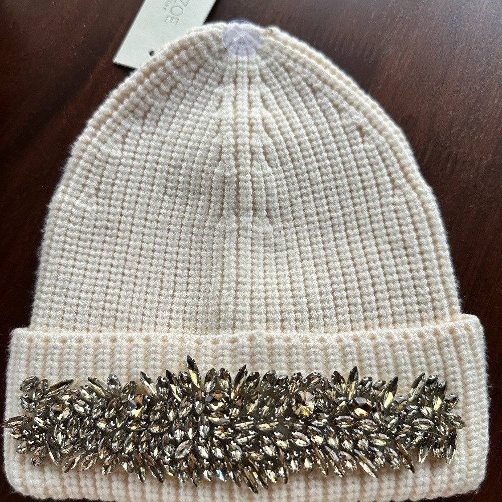 Rachel Zoe cream knit beanie with winter champagne rhinestones.